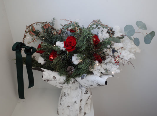 Enchanted Christmas Bouquet with Red Roses and Pine Cones